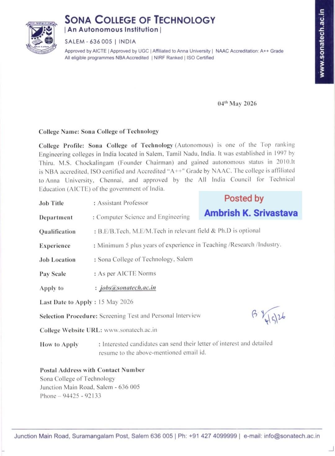 Hiring Assistant Professor at Sona College of Technology
