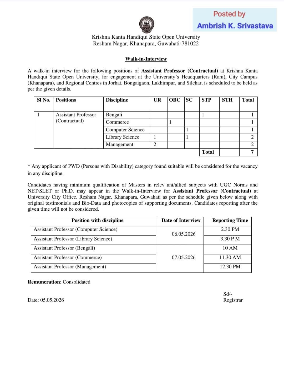 Hiring Assistant Professor (Contractual)