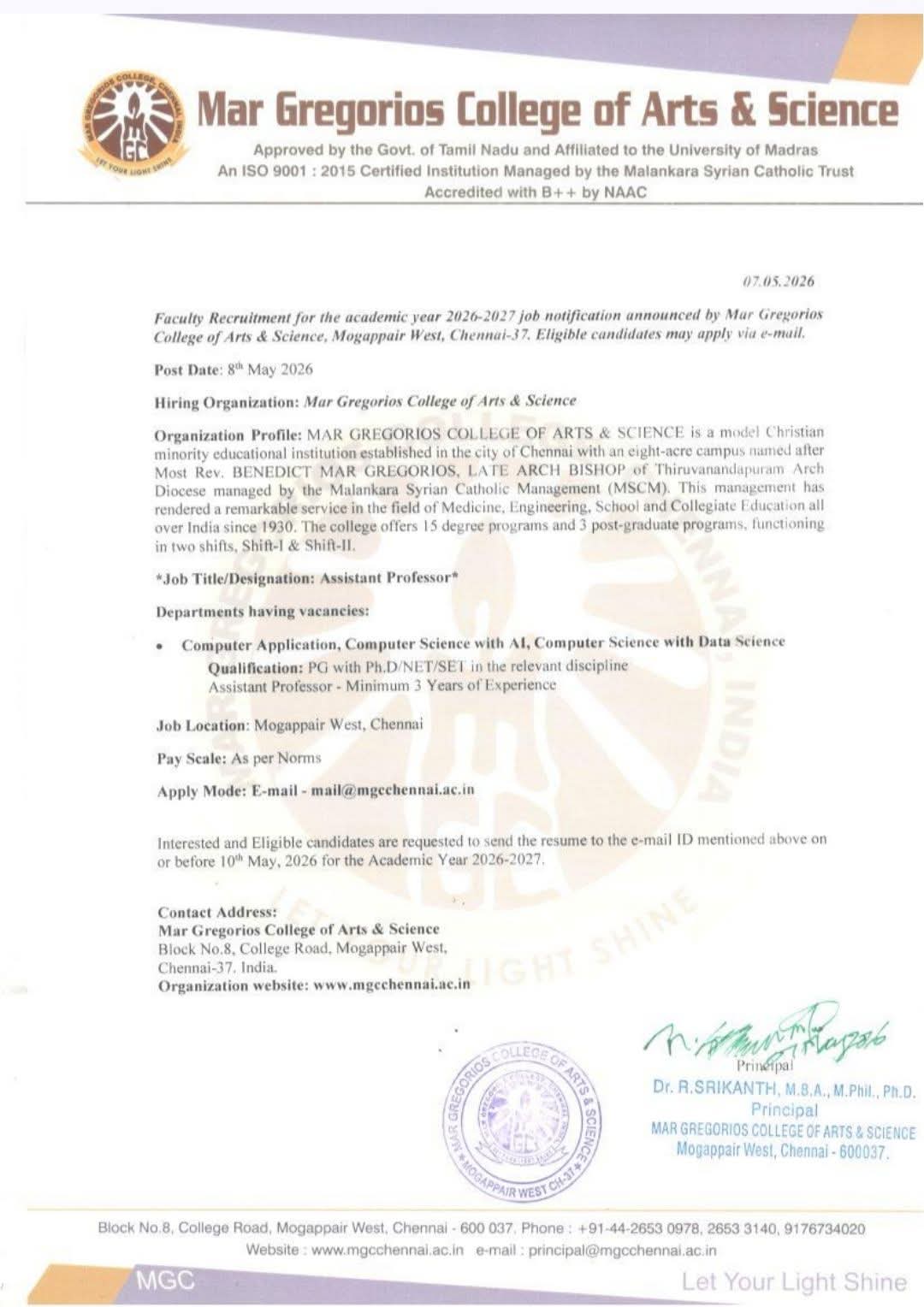 Hiring Assistant Professors at Mar Gregorios College of Arts & Science
