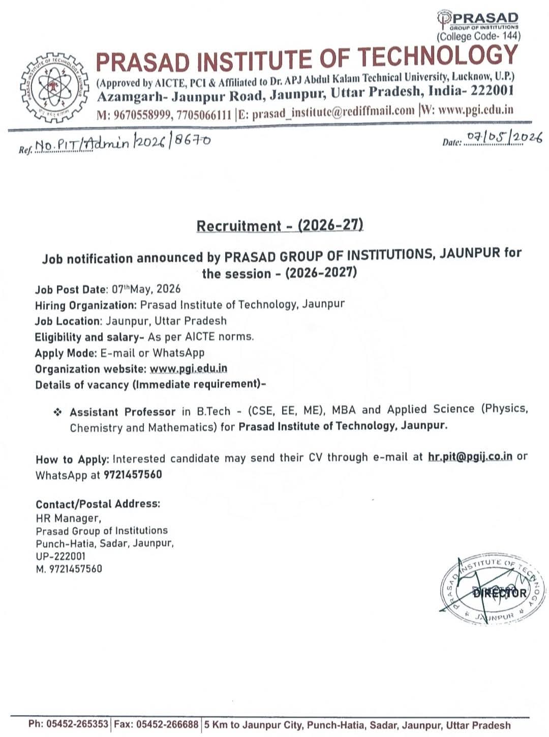 Hiring Assistant Professors at Prasad Institute of Technology