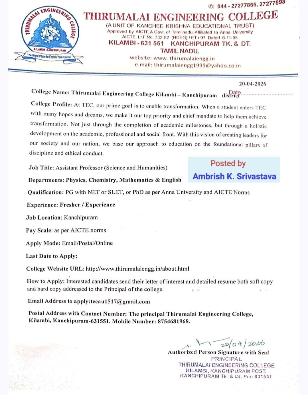 Hiring  Assistant Professors At Thirumalai Engineering College