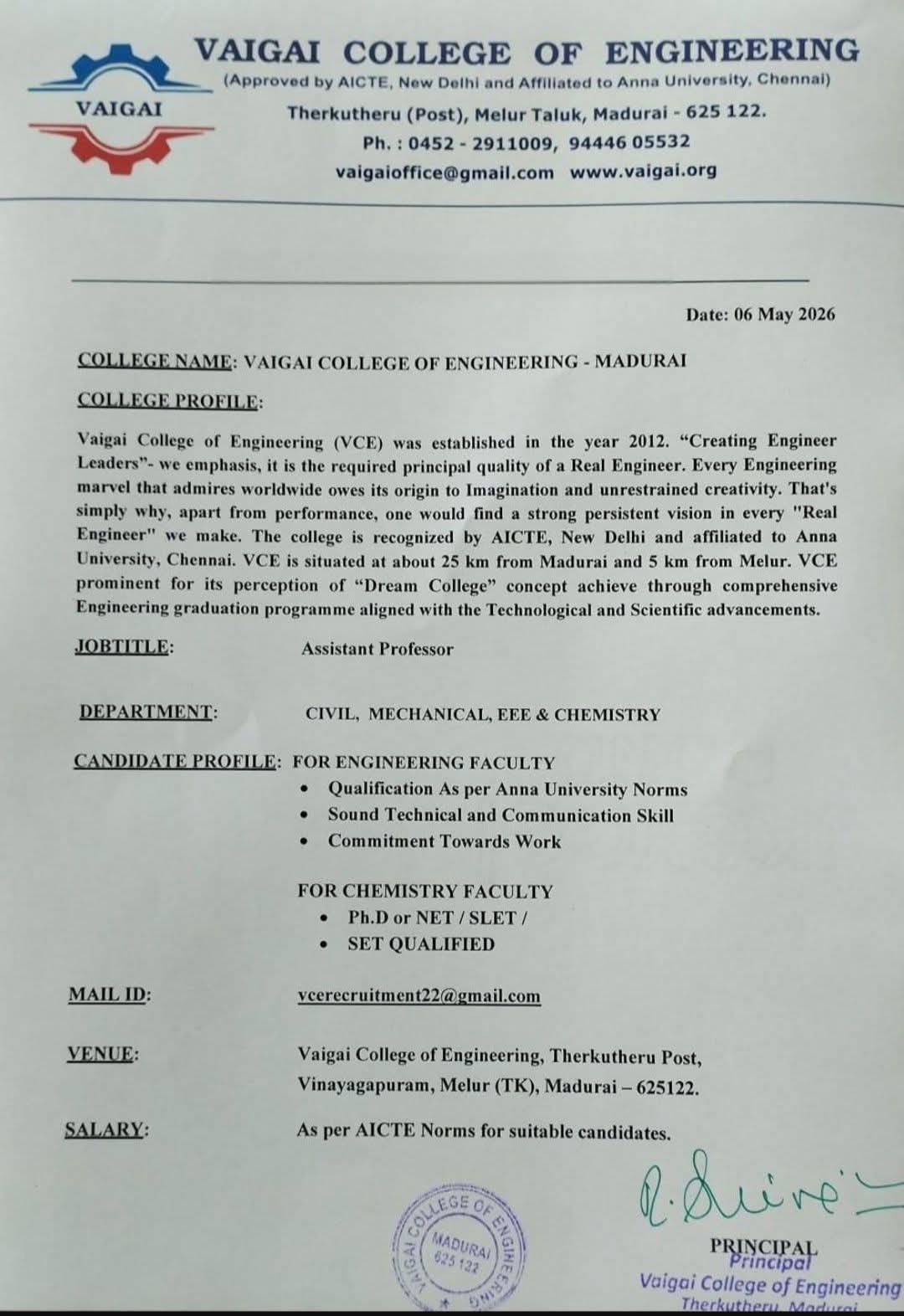 Hiring Assistant Professors at Vaigai College of Engineering