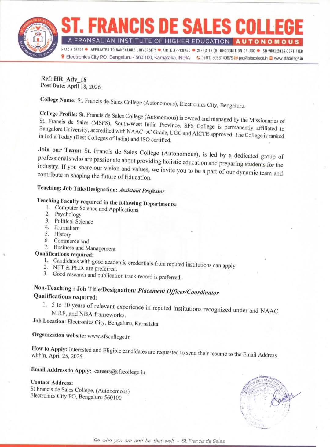 Hiring Assistant Professors & Placement Officers - SFS College