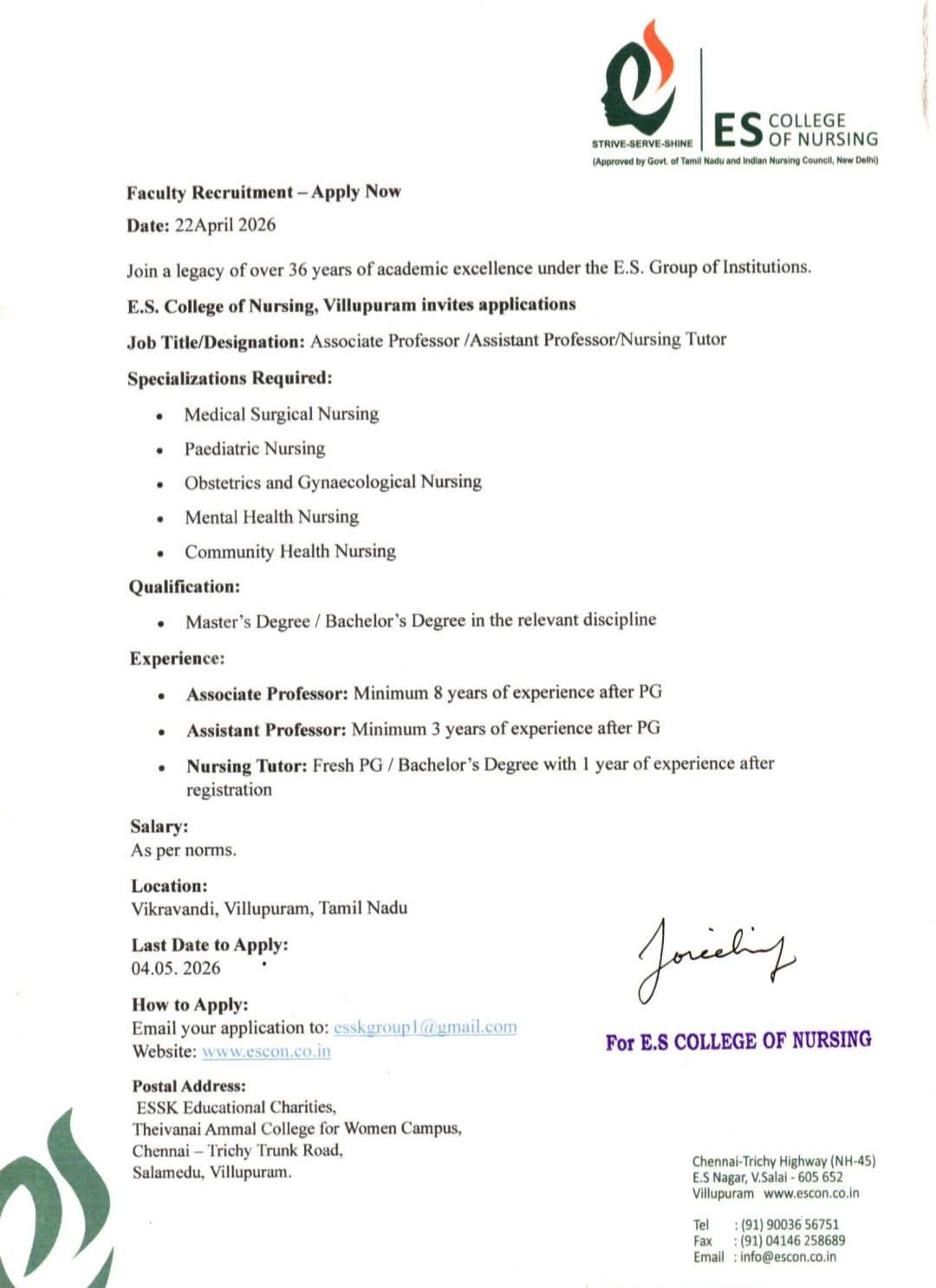 Hiring Associate Professor, Assistant Professor, & Nursing Tutor