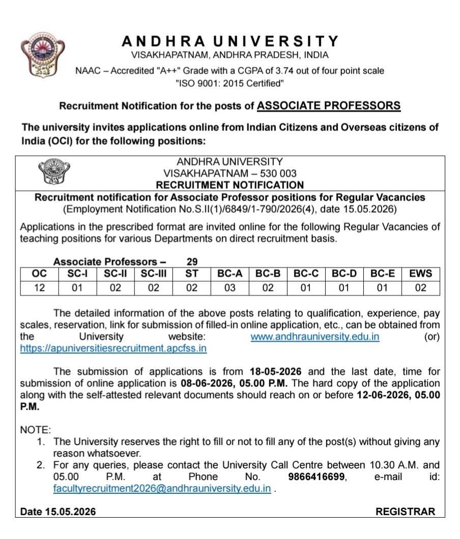 Hiring: Associate Professor at Andhra University, Visakhapatnam