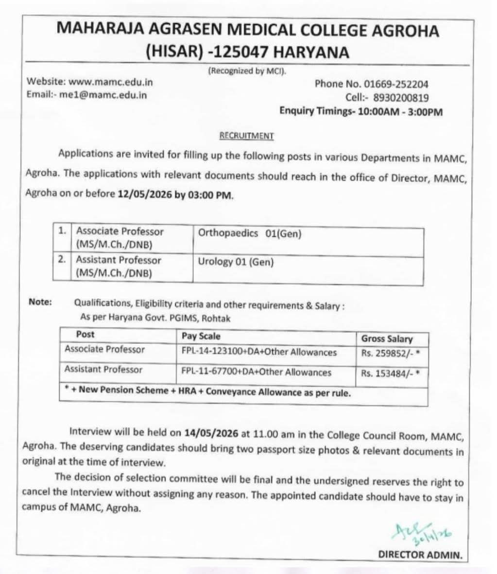 Hiring Associate Professor (Ortho) & Assistant Professor (Urology) at MAMC