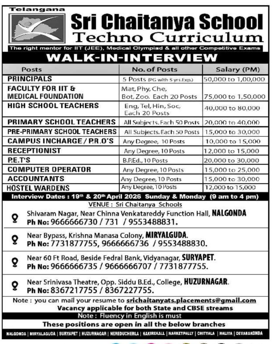 Hiring At Sri Chaitanya School