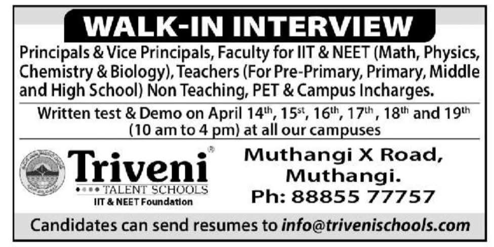 Hiring At Triveni Talent Schools