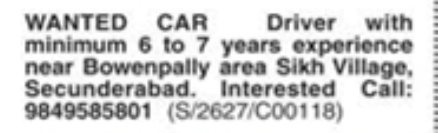 Hiring: Car Driver in Bowenpally