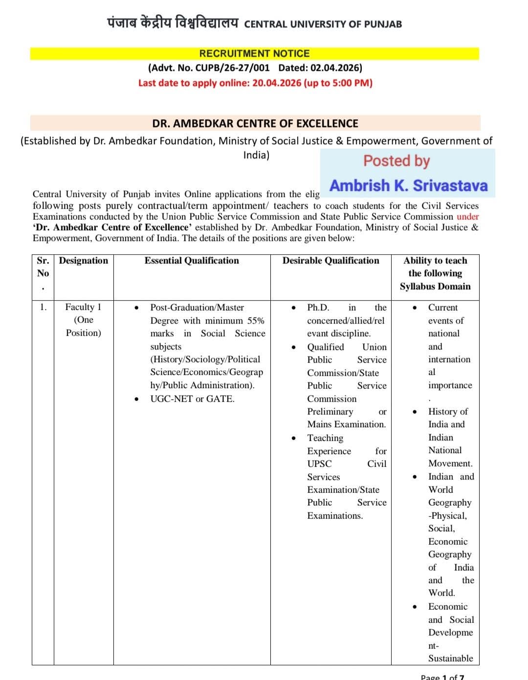 Hiring Civil Services Coaching Faculty at Central University of Punjab