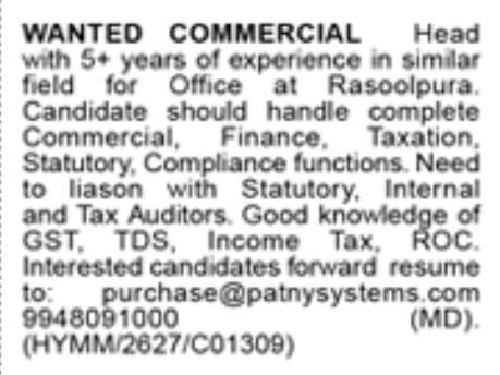 Hiring Commercial Head