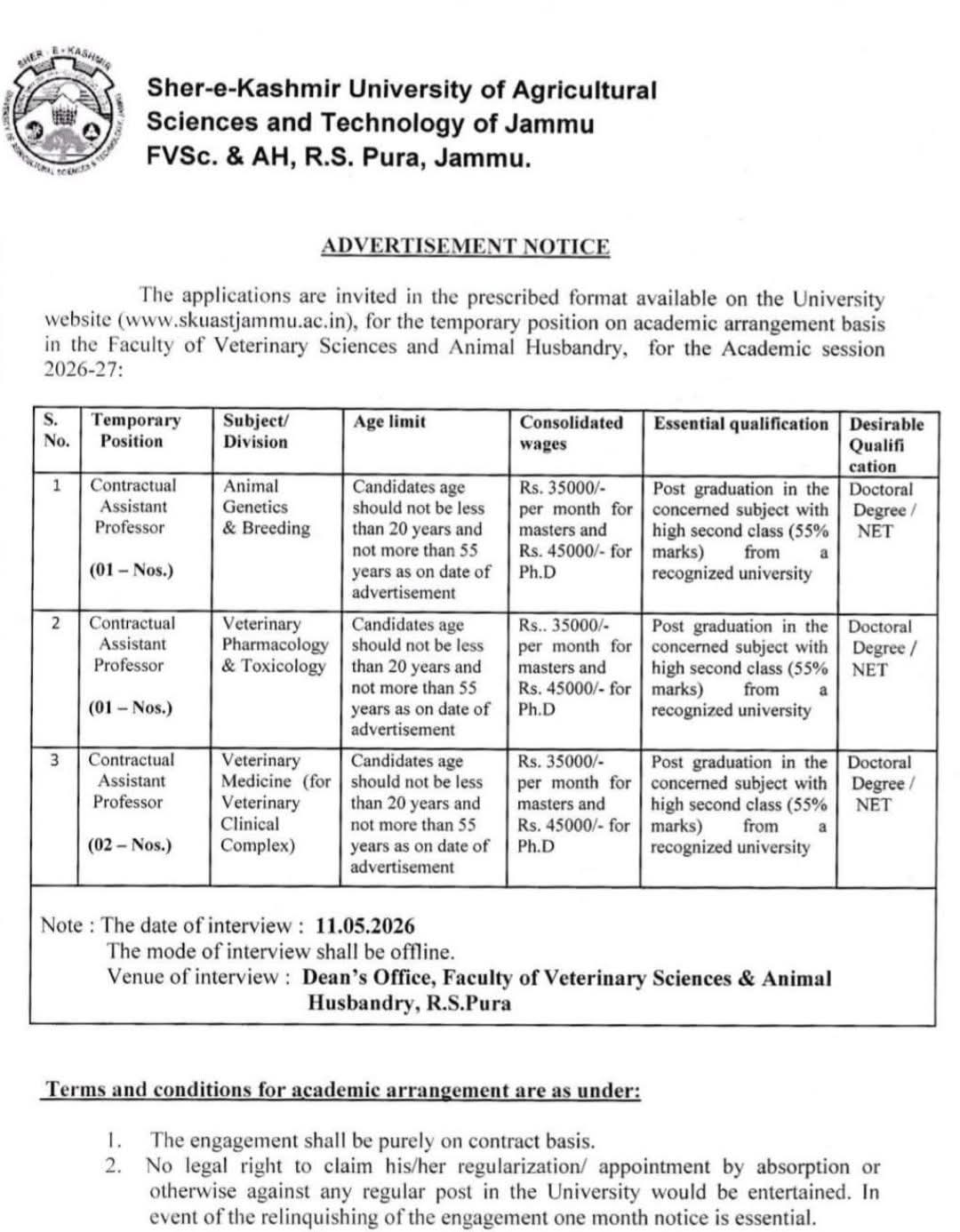 Hiring Contractual Assistant Professors at SKUAST