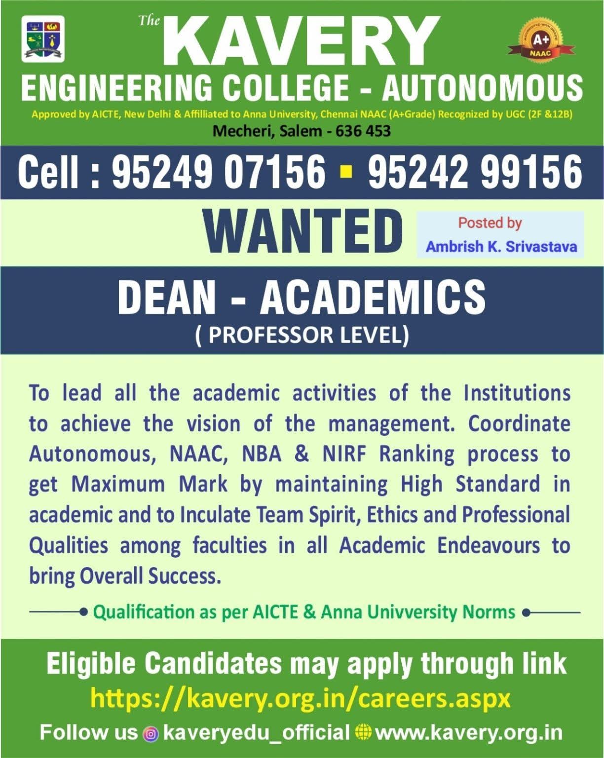 Hiring: Dean - Academics at The Kavery Engineering College (Autonomous)