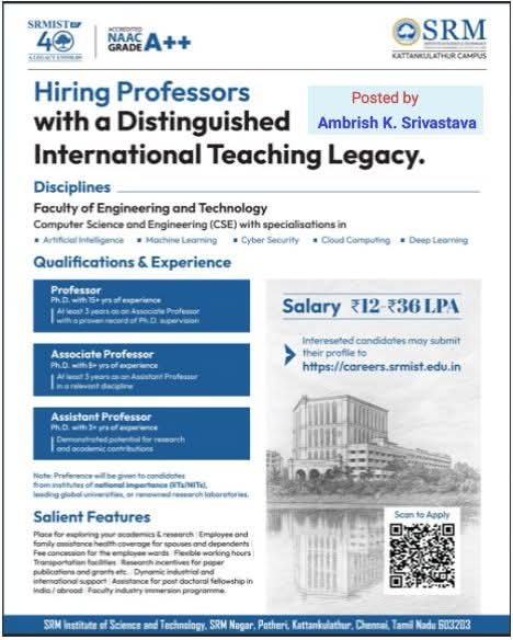 Hiring Distinguished Faculty at SRM Institute of Science & Technology