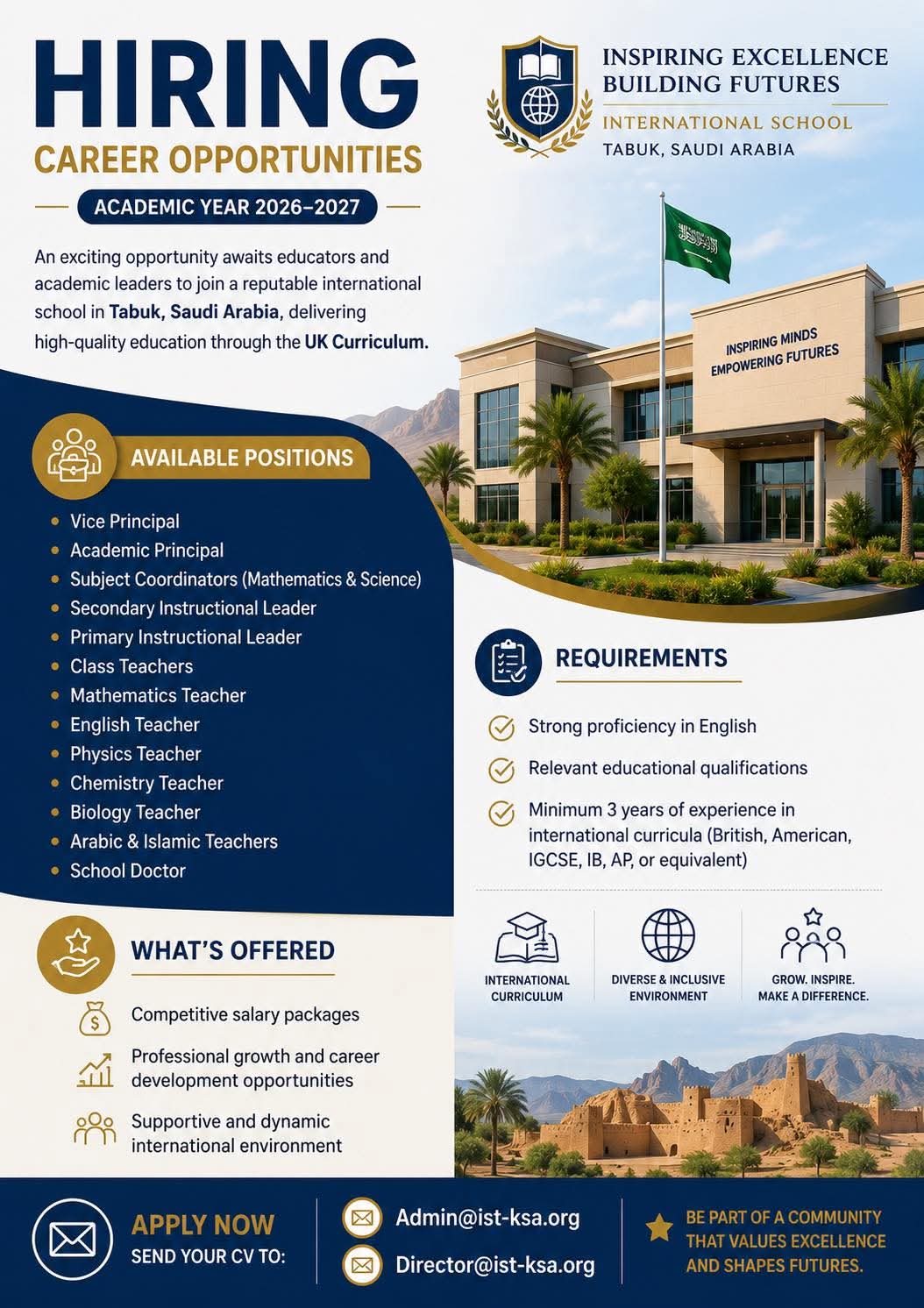Hiring: Educators & Academic Leaders at International School Tabuk