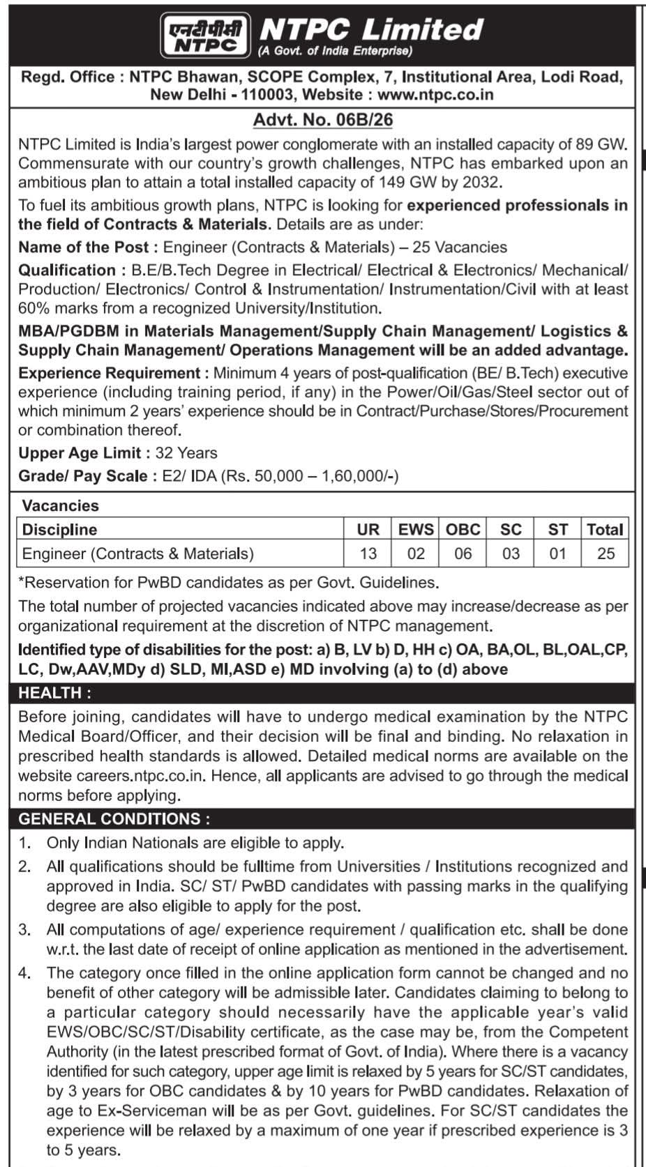 Hiring: Engineer - Contracts & Materials at NTPC Limited