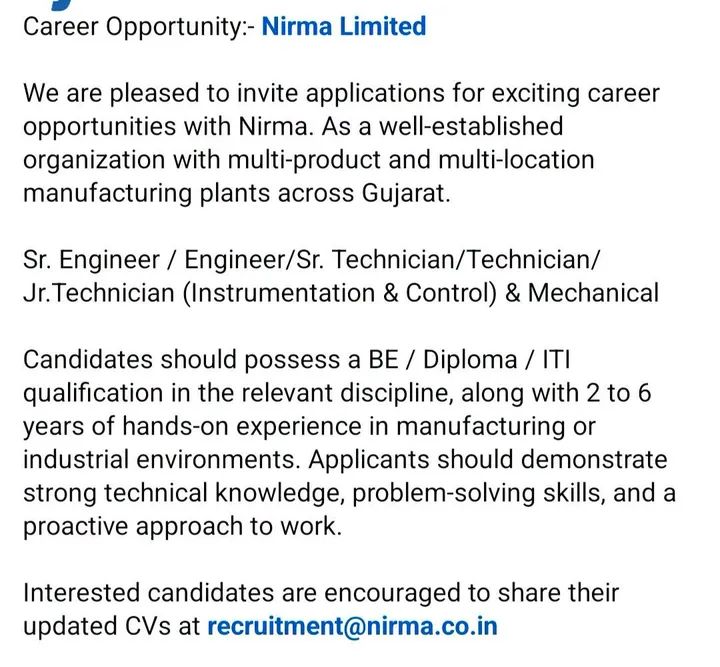 Hiring: Engineering & Technical Roles at Nirma Limited