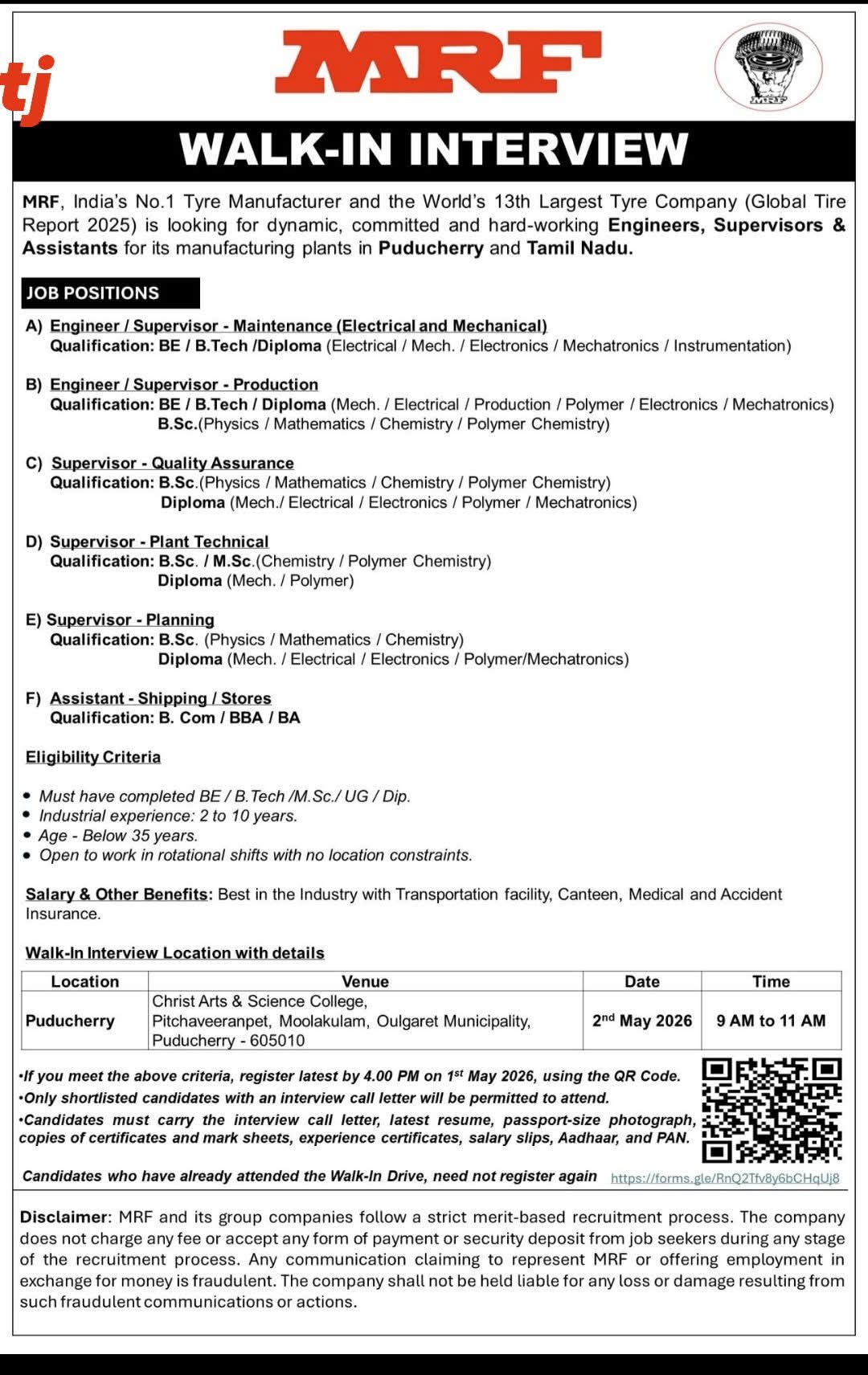 MRF Hiring  Engineers, Supervisors & Assistants