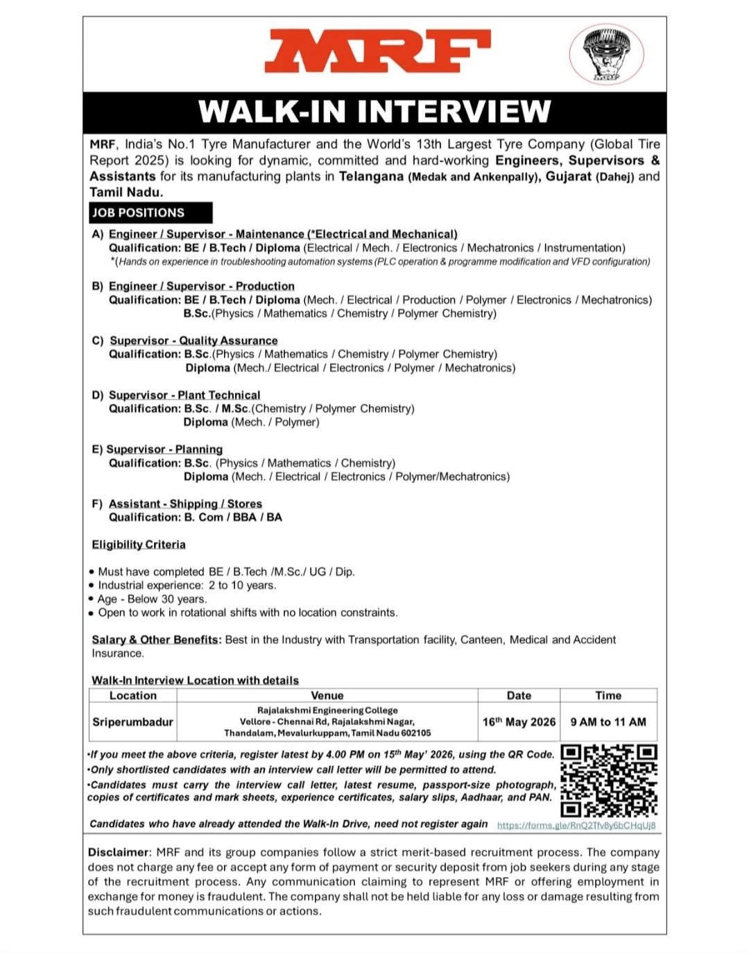 Hiring: Engineers, Supervisors & Assistants at MRF