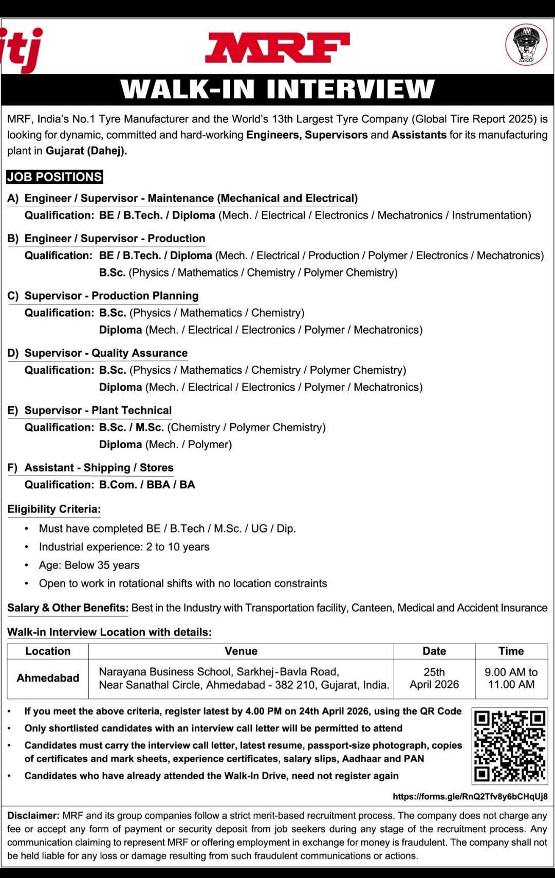 Hiring Engineers, Supervisors & Assistants - MRF