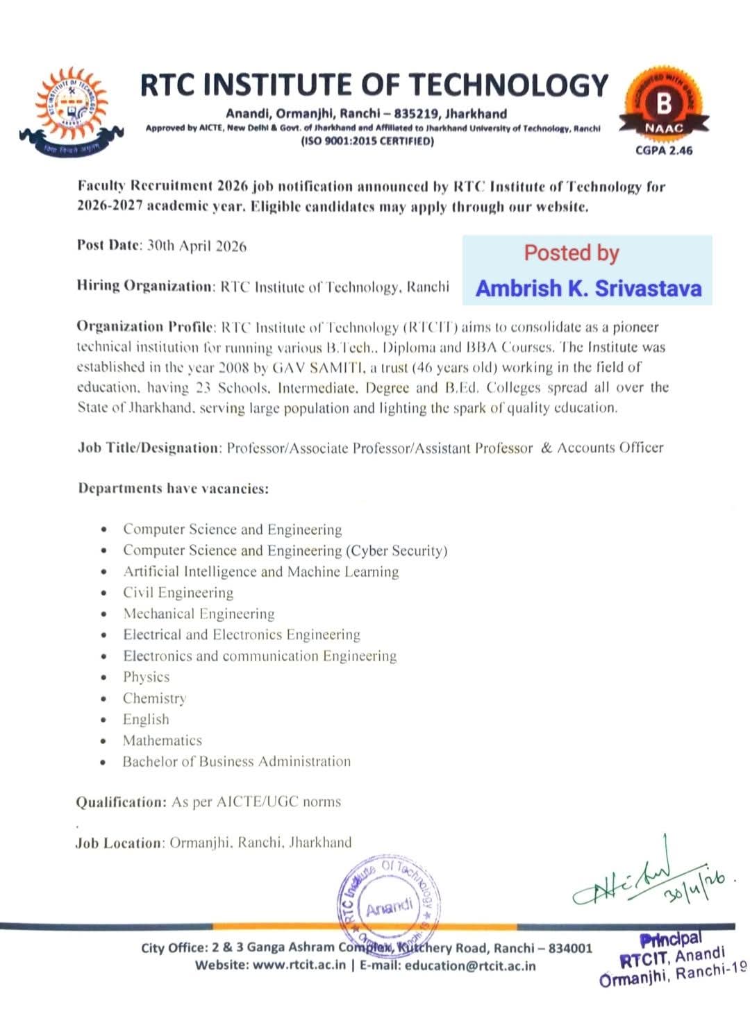 Hiring Faculty & Accounts Officer at RTC Institute