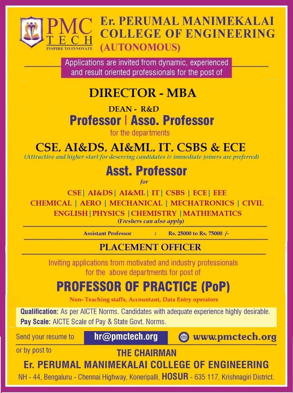 Hiring: Faculty and Staff at Er. Perumal Manimekalai College of Engineering