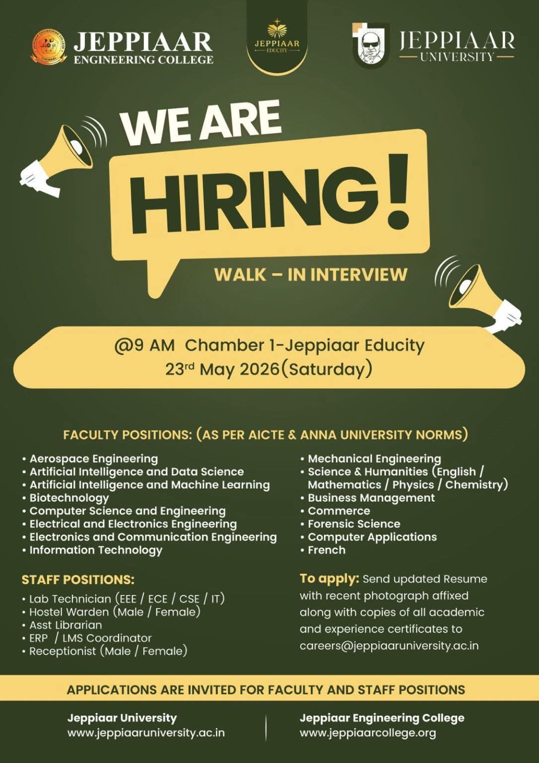 Hiring: Faculty and Staff at Jeppiaar Institutions