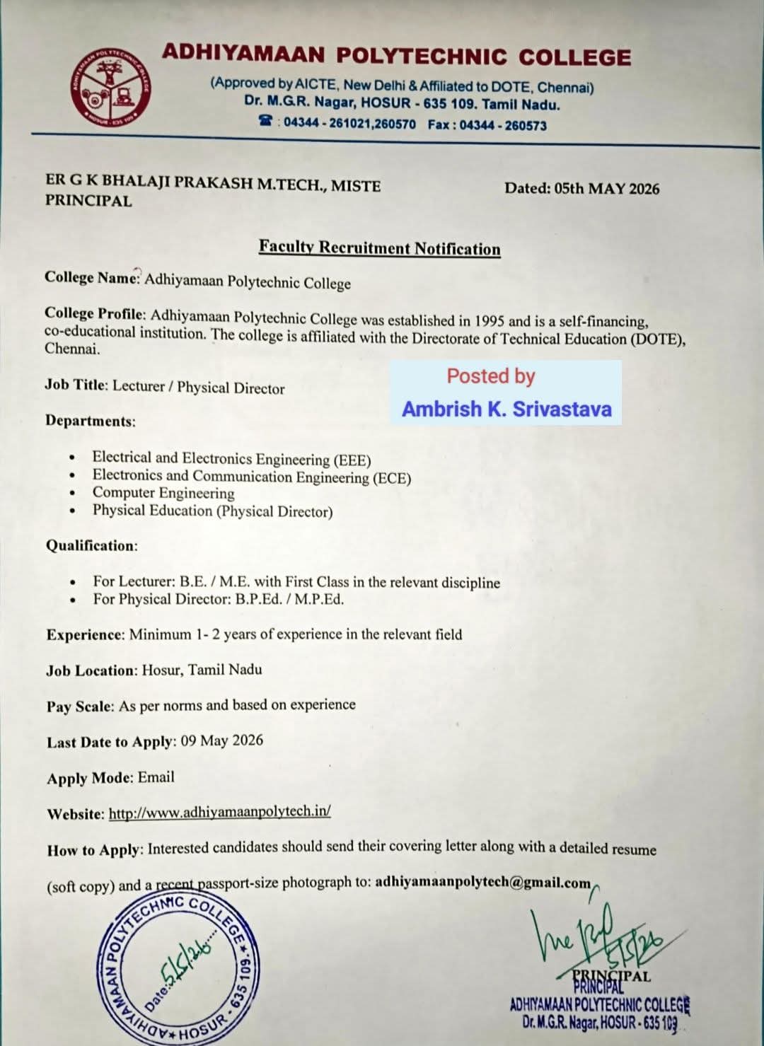 Hiring Faculty at Adhiyamaan Polytechnic College