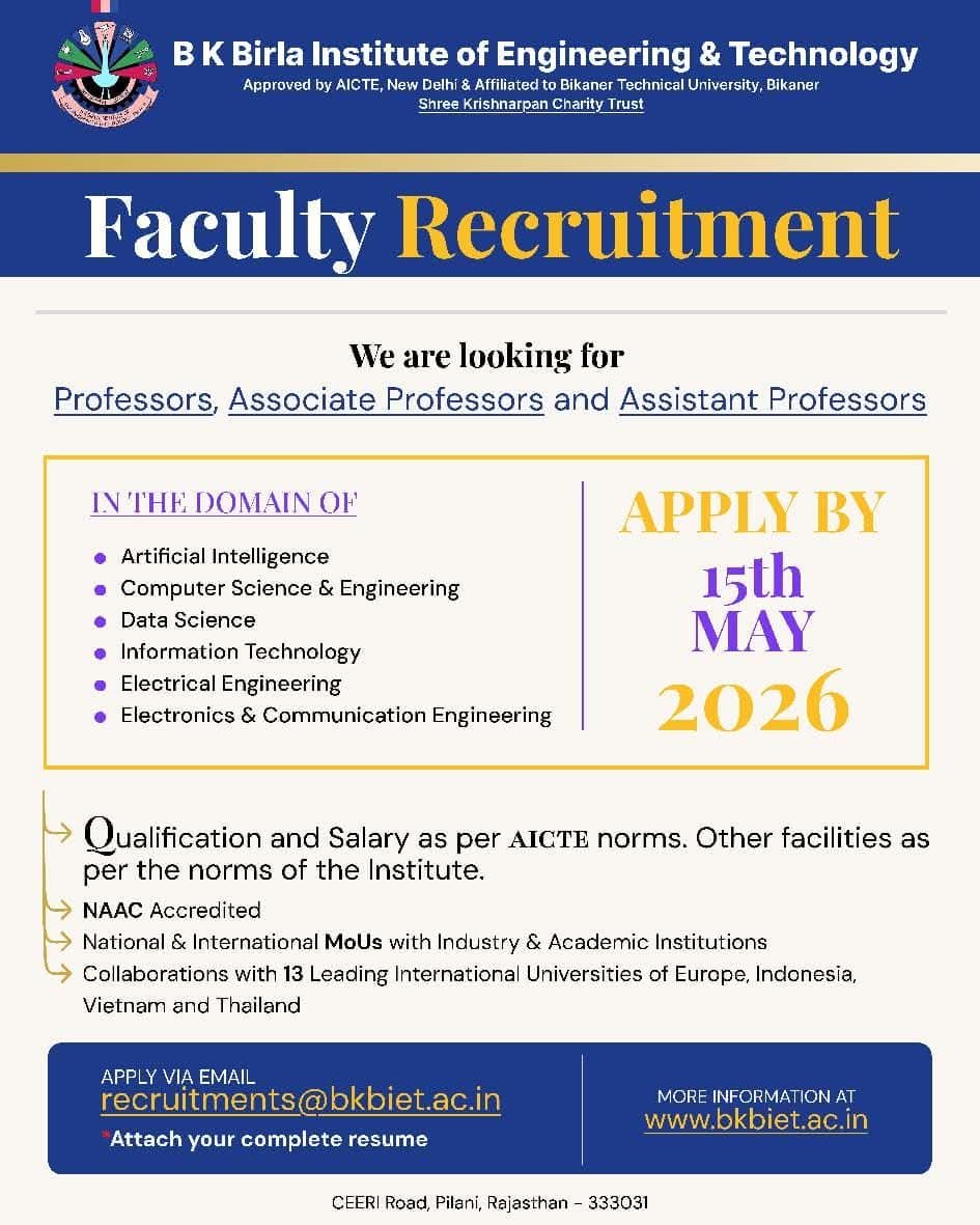 Hiring Faculty at BK Birla Institute of Engineering & Technology