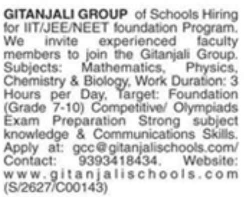 Hiring Faculty at Gitanjali Group of Schools