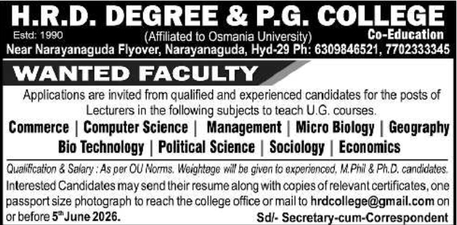 Hiring: Faculty at H.R.D. Degree & P.G. College, Hyderabad