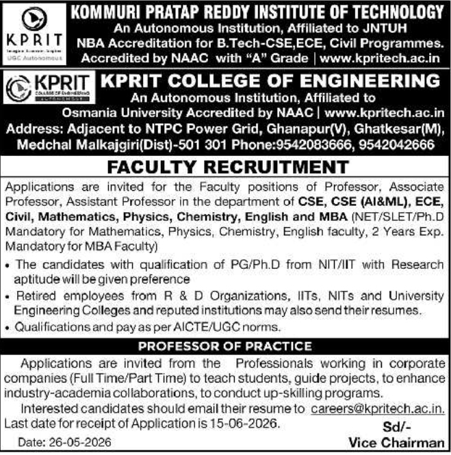 Hiring: Faculty at KPRIT College of Engineering