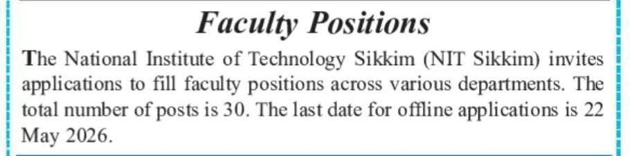Hiring: Faculty at National Institute of Technology (NIT) Sikkim