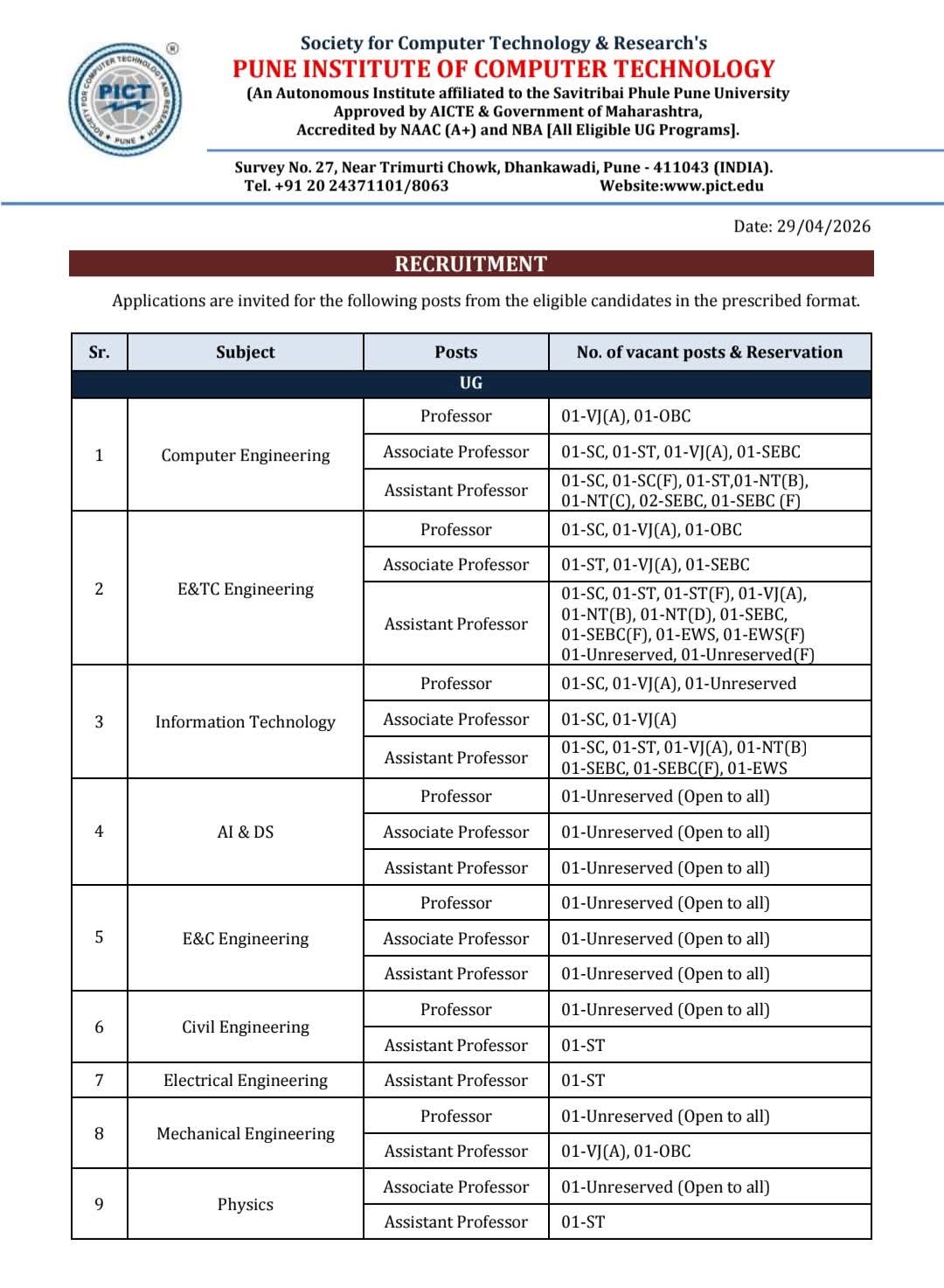 Hiring Faculty at PICT Pune