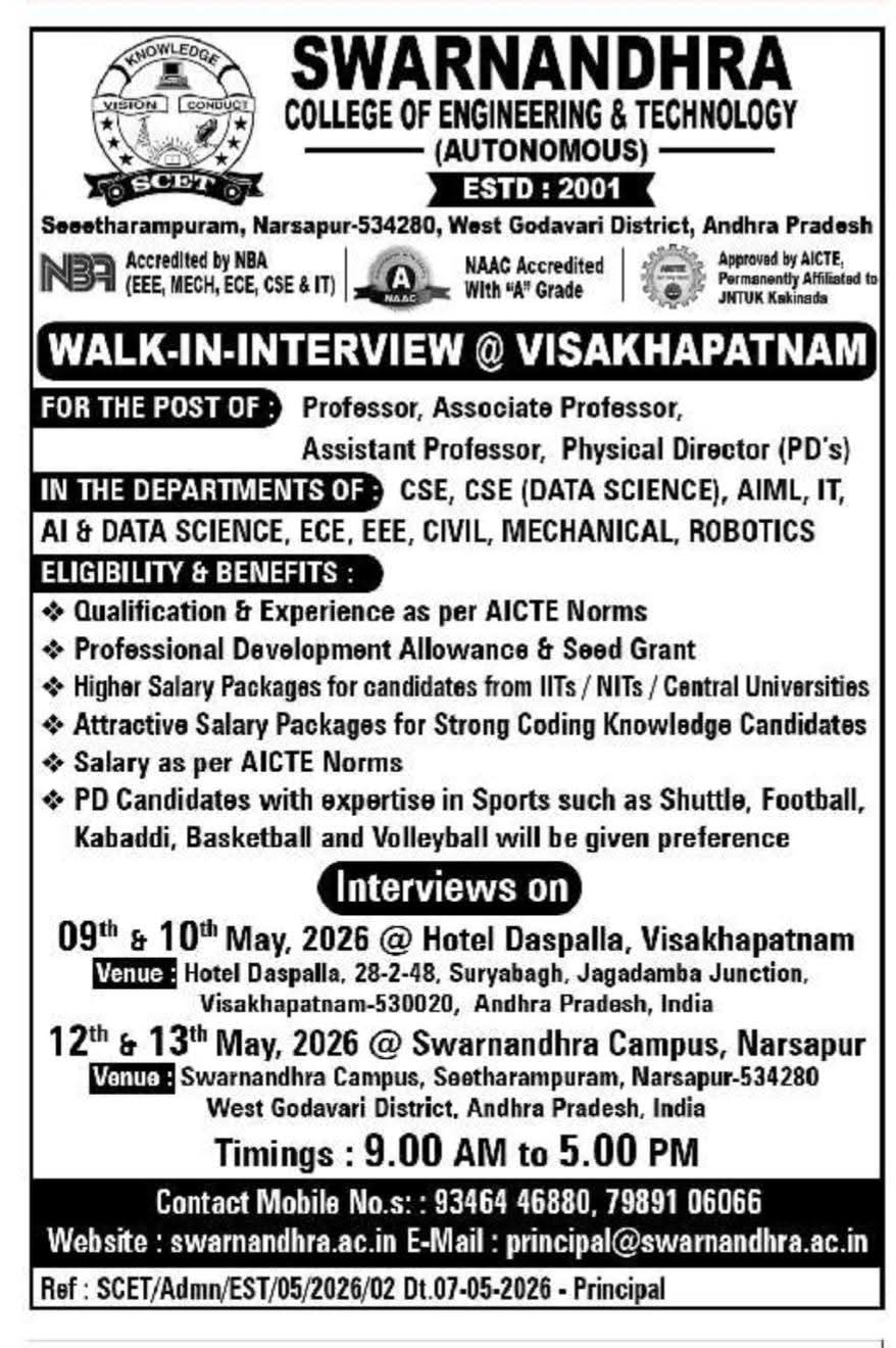 Hiring Faculty at Swarnandhra College of Engineering & Technology