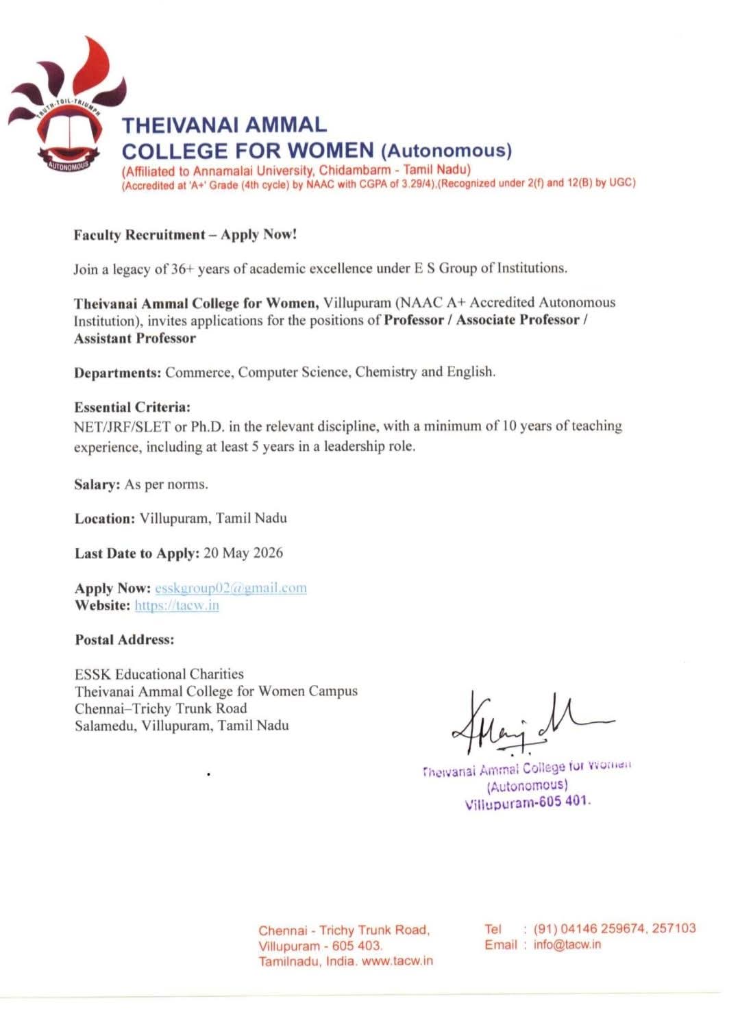 Hiring Faculty at Theivanai Ammal College for Women
