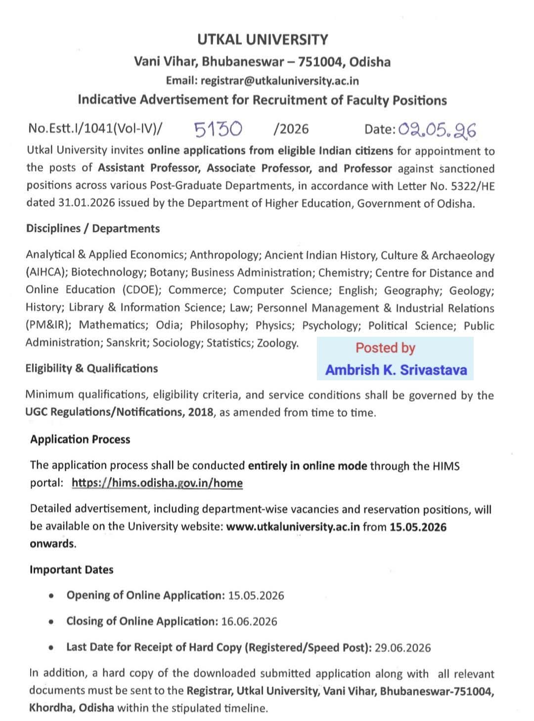 Hiring Faculty at Utkal University