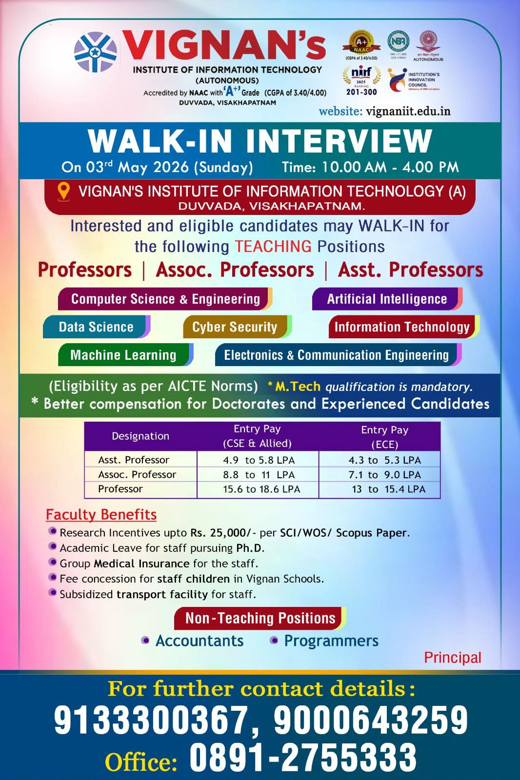Hiring Faculty & Non-Teaching Staff at Vignan's Institute of Information Technology