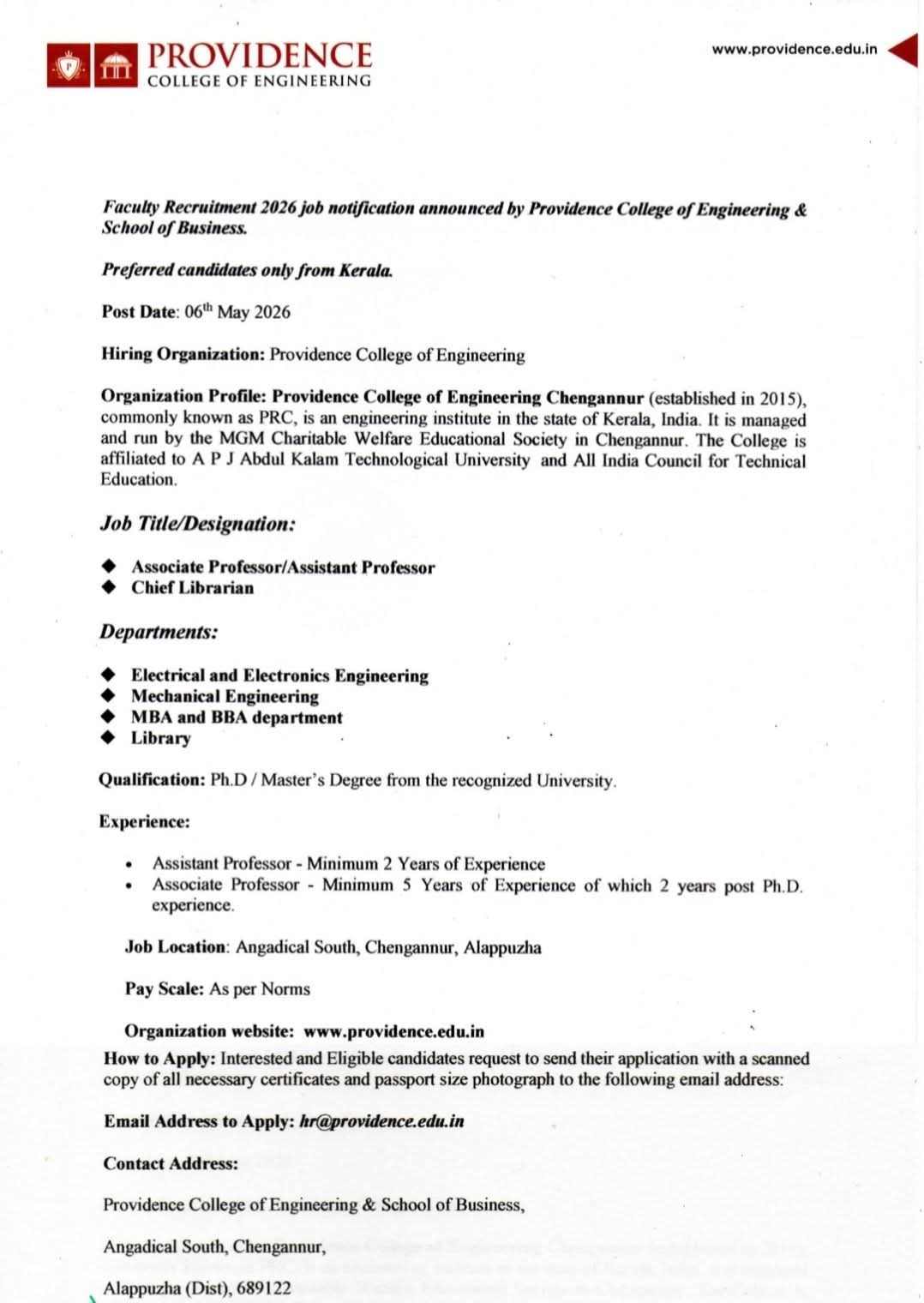 Hiring Faculty & Chief Librarian at Providence College of Engineering