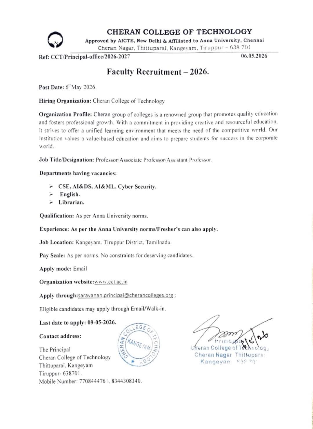 Hiring Faculty for Cheran College of Technology