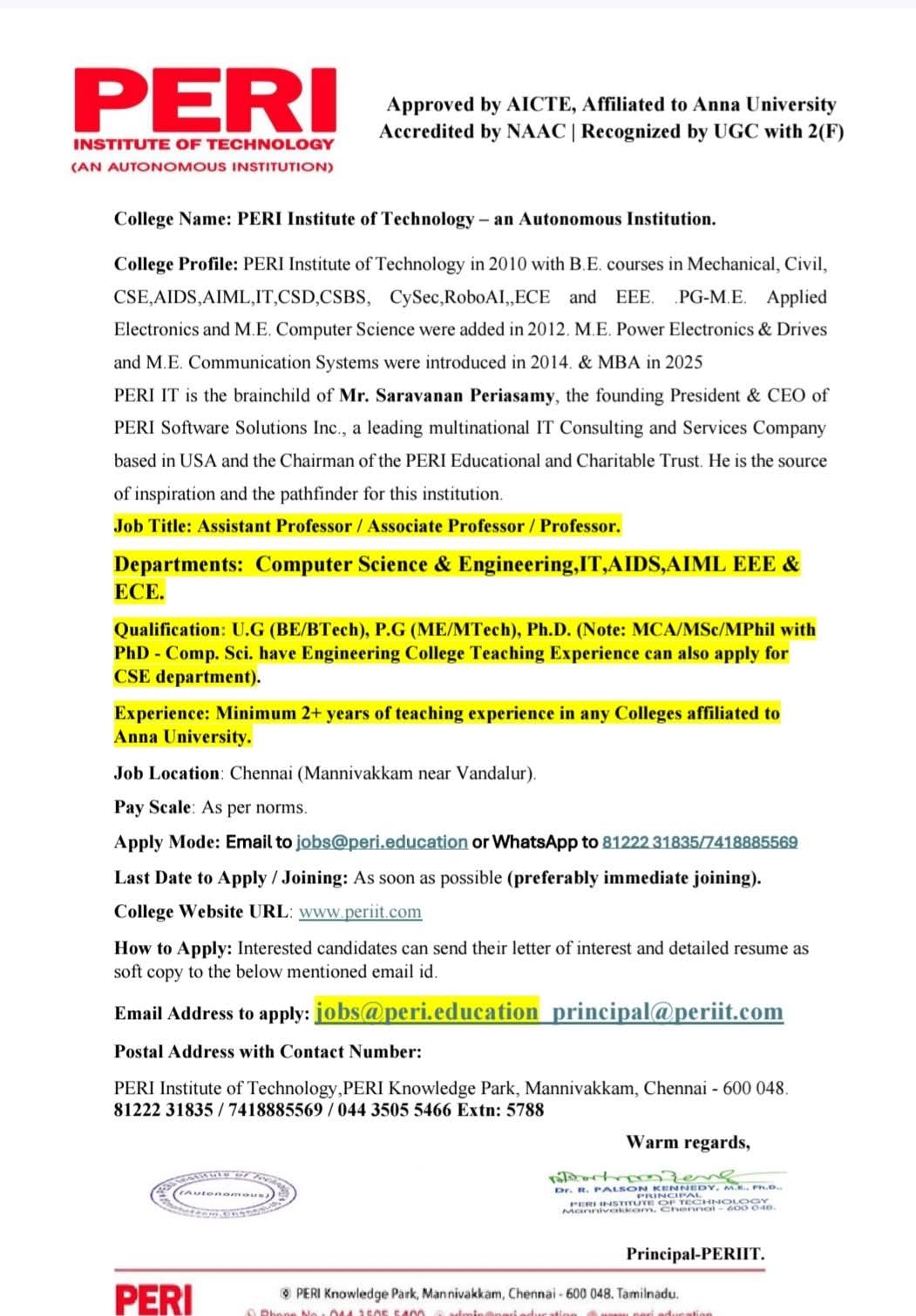 Hiring Faculty for Engineering Departments At PERI Institute of Technology