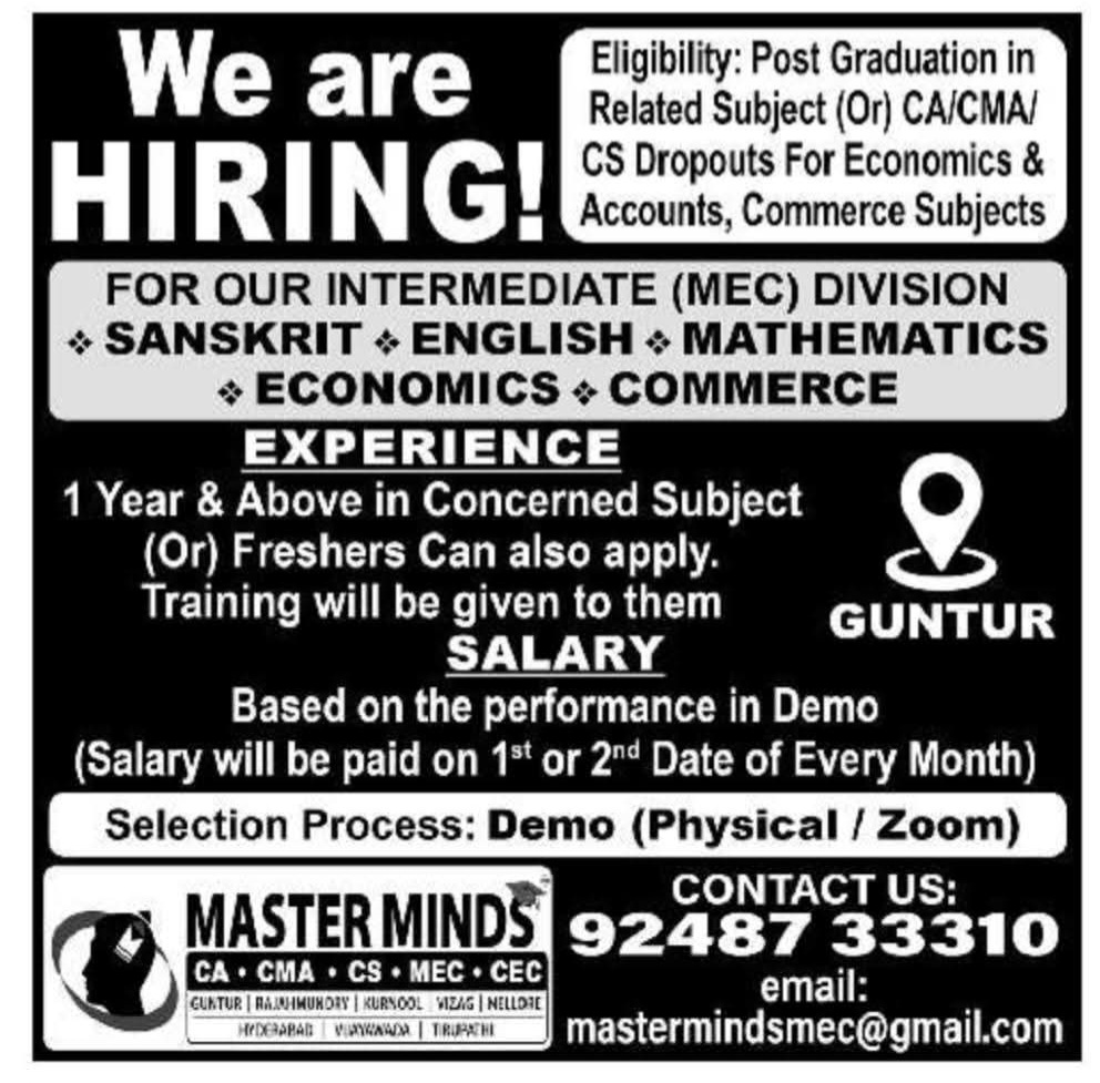 Hiring Faculty For Intermediate (MEC) Division At Master Minds