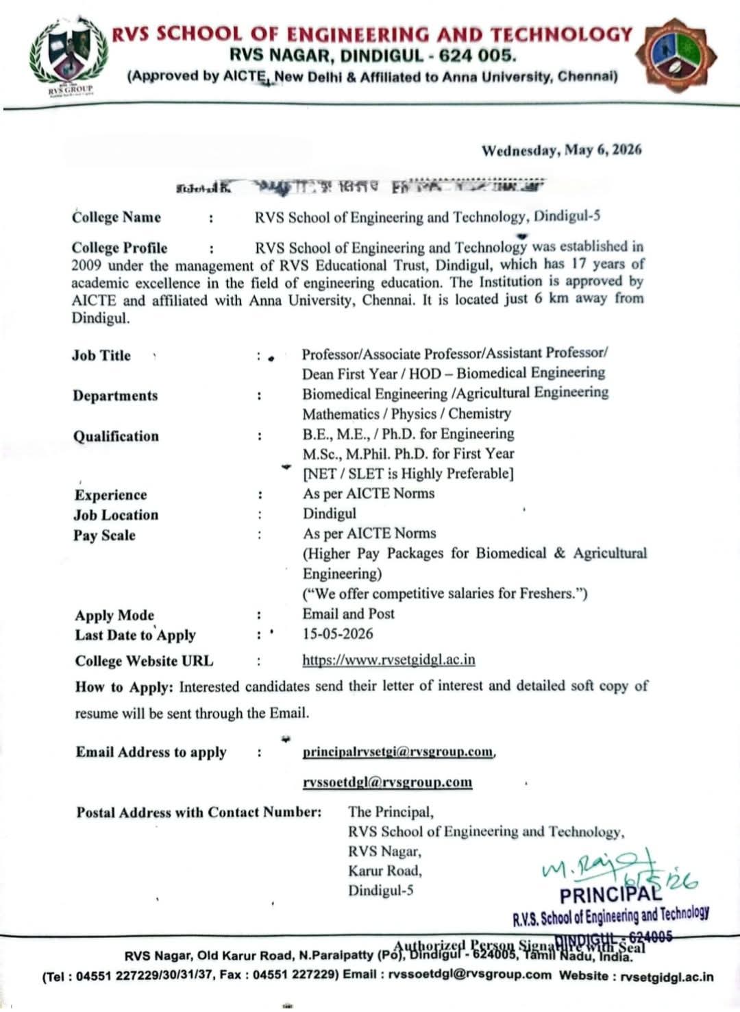 Hiring Faculty for RVS School of Engineering and Technology
