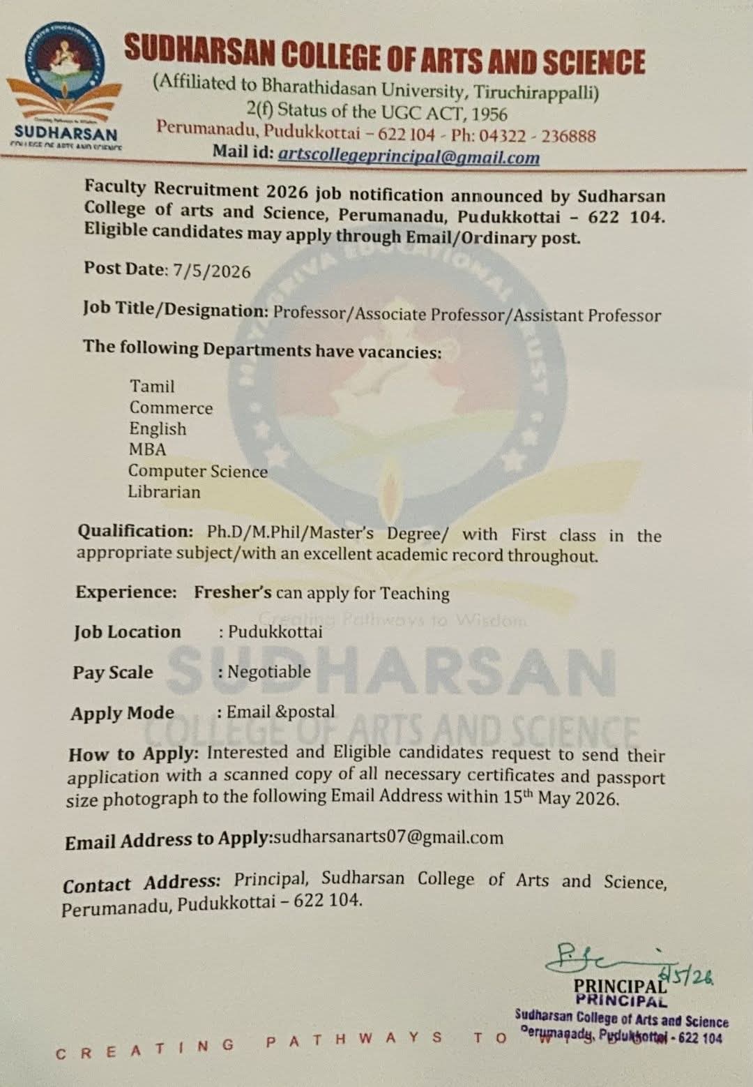 Hiring Faculty for Sudharsan College of Arts and Science