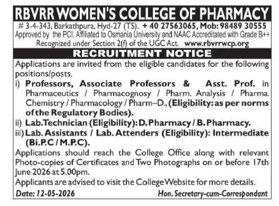 Hiring: Faculty & Lab Staff at RBVRR Women's College of Pharmacy