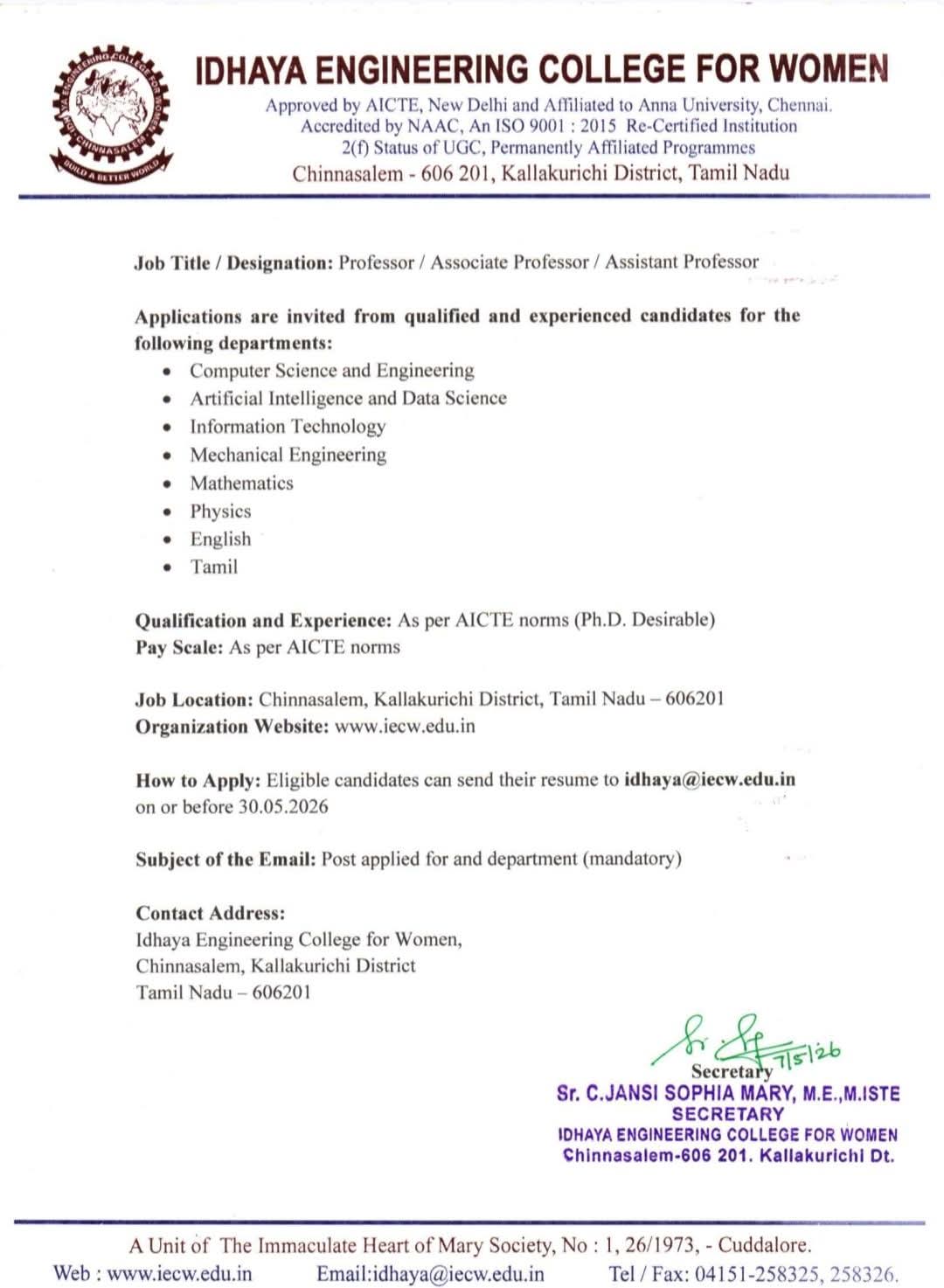 Hiring Faculty Positions at Idhaya Engineering College for Women