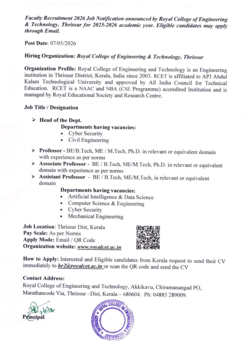 Hiring Faculty Positions at Royal College of Engineering & Technology