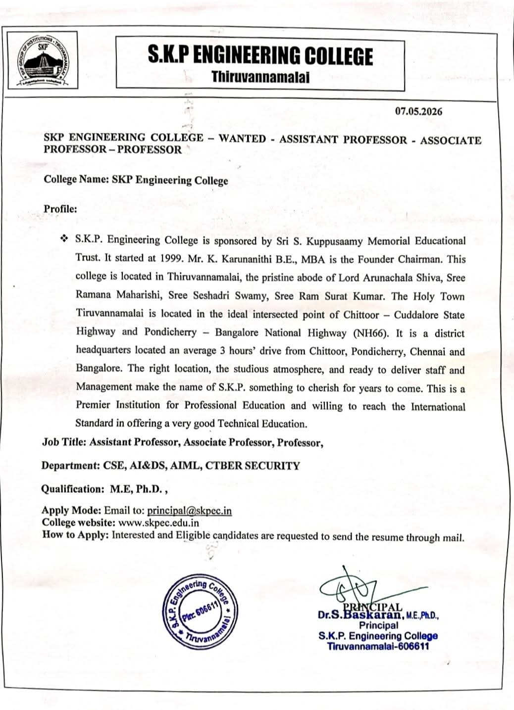 Hiring: Faculty Positions at S.K.P Engineering College