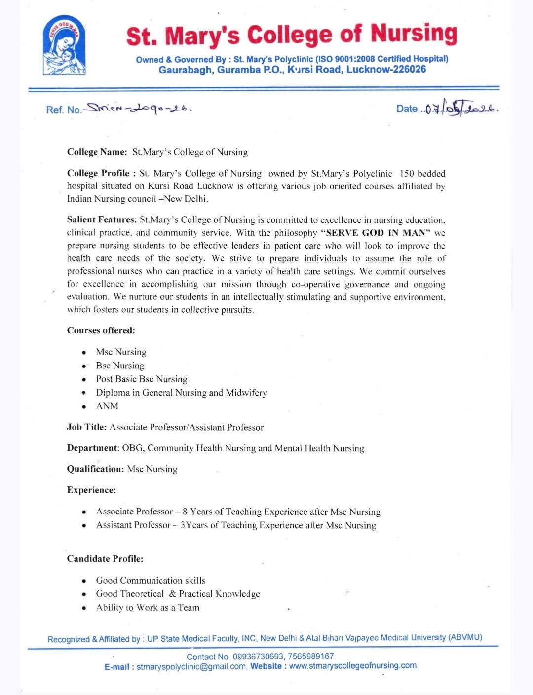 Hiring Faculty Positions at St. Mary’s College of Nursing