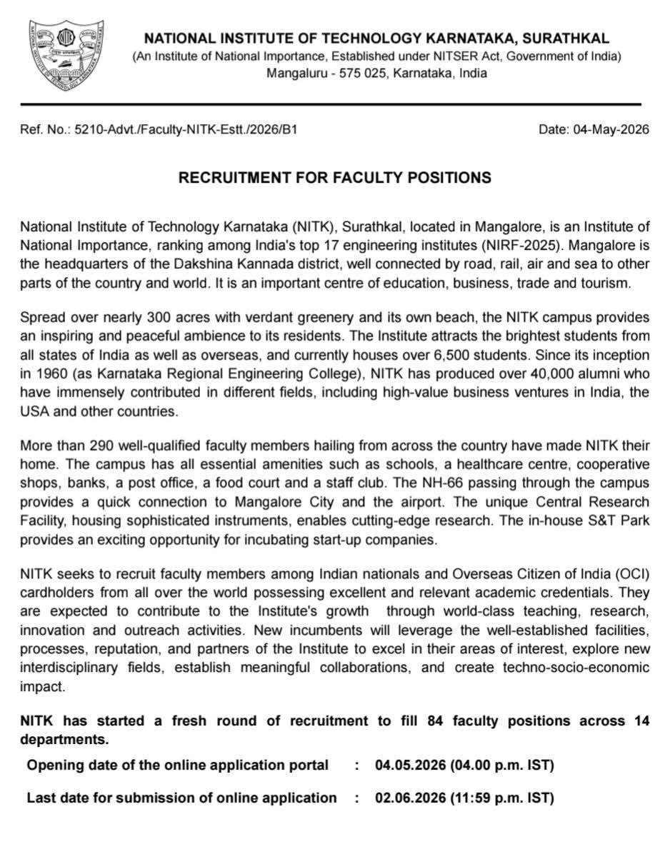Hiring Faculty Positions for NITK Surathkal